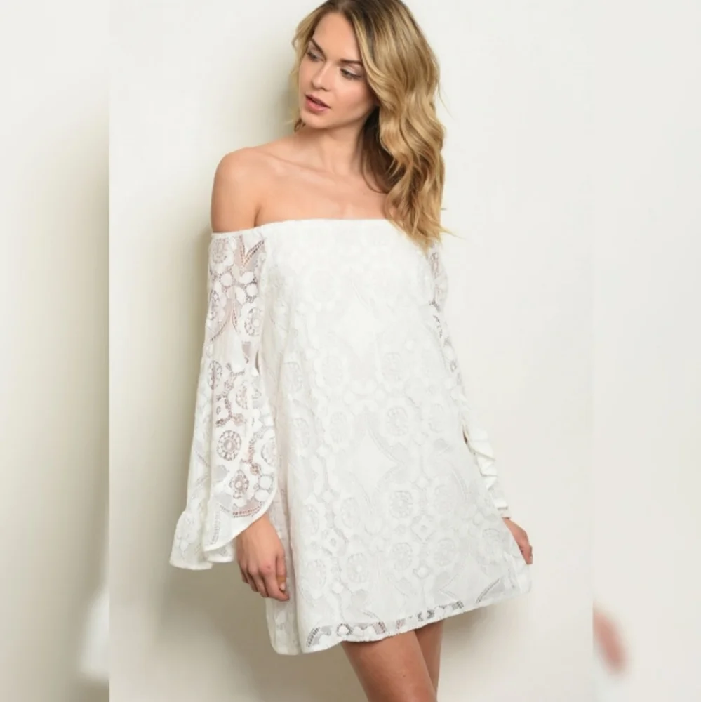 New Ivory Off Shoulder Bell Sleeve Dress - Picture 2 of 7